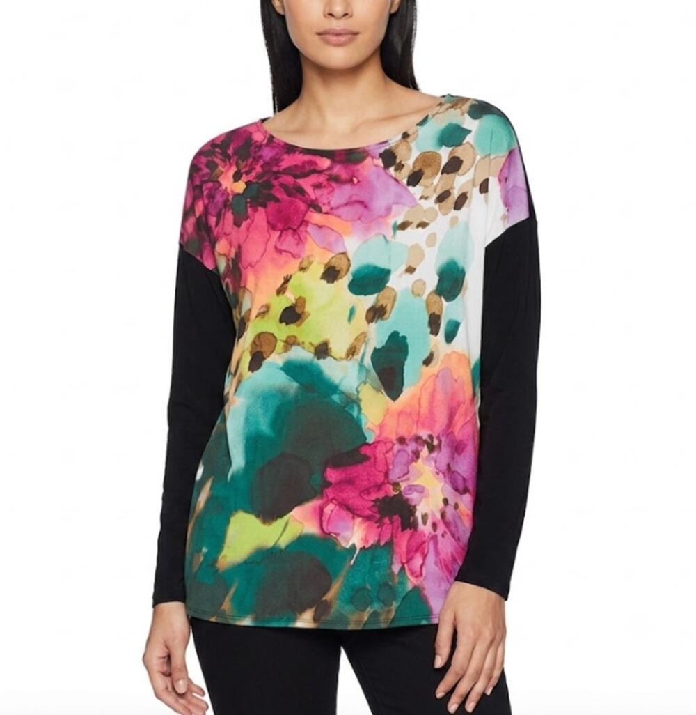CHICO’S Watercolor Floral Dolman Sleeve Top Relaxed Fit Black Multi Womens Sz L